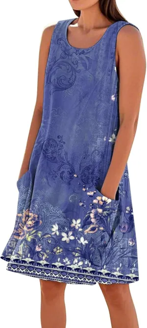 Dresses for Women Crew Neck Sleeveless Sundresses Floral Printed High Waisted Loose Casual Flowy Dress with Pocket