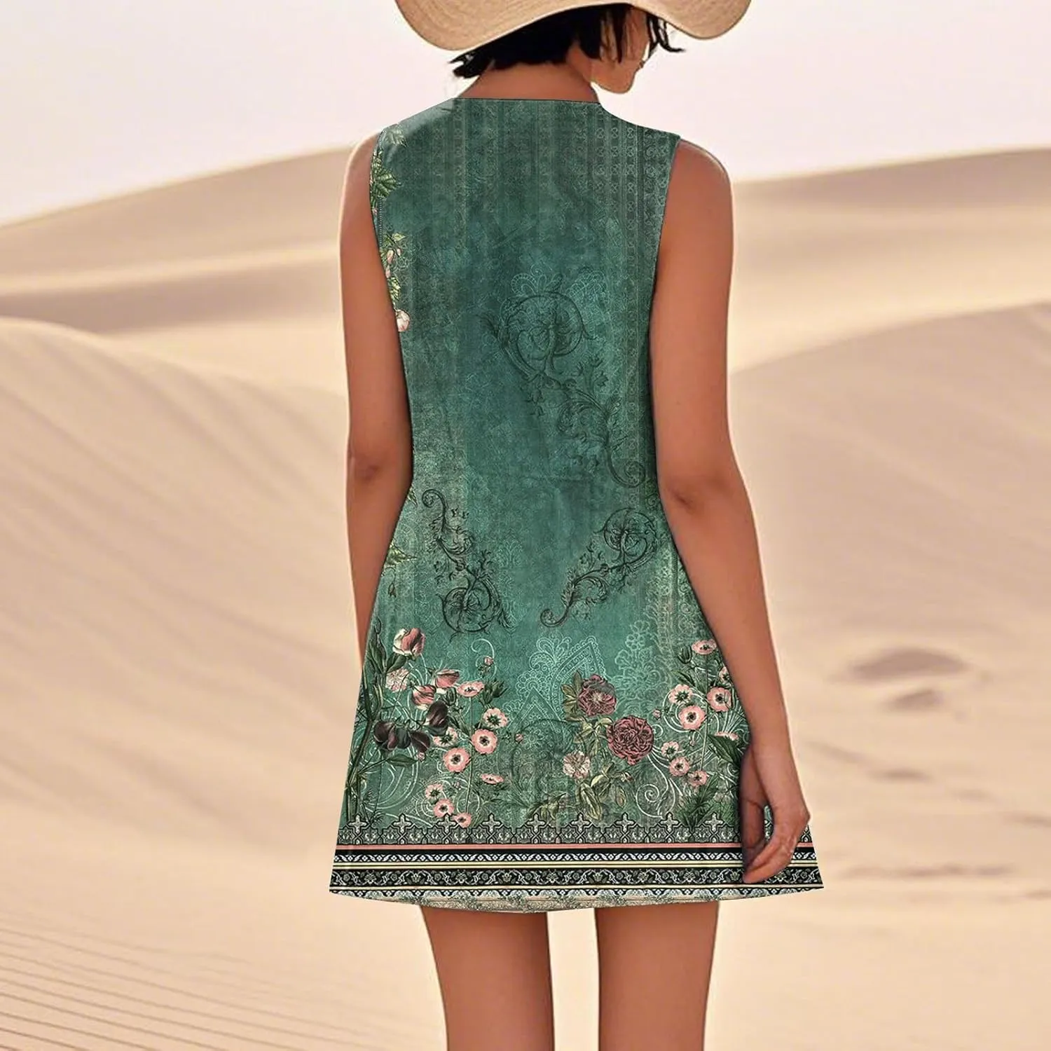 Dresses for Women Crew Neck Sleeveless Sundresses Floral Printed High Waisted Loose Casual Flowy Dress with Pocket