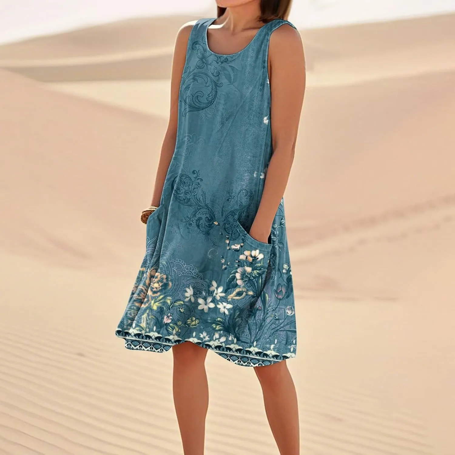 Dresses for Women Crew Neck Sleeveless Sundresses Floral Printed High Waisted Loose Casual Flowy Dress with Pocket