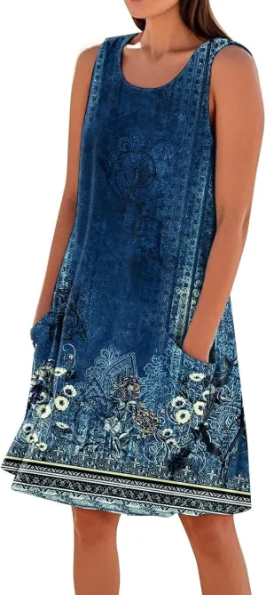 Dresses for Women Crew Neck Sleeveless Sundresses Floral Printed High Waisted Loose Casual Flowy Dress with Pocket