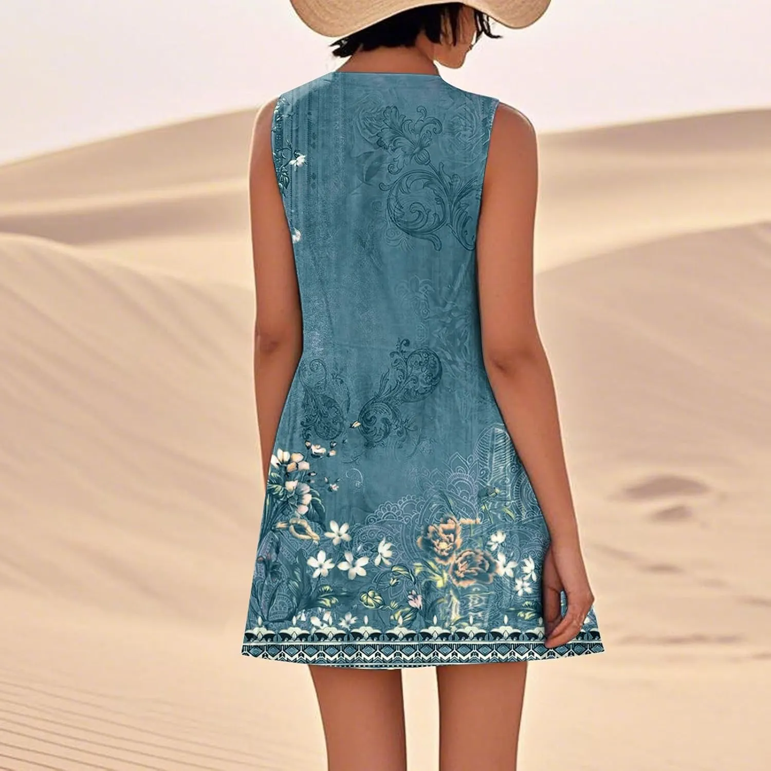 Dresses for Women Crew Neck Sleeveless Sundresses Floral Printed High Waisted Loose Casual Flowy Dress with Pocket