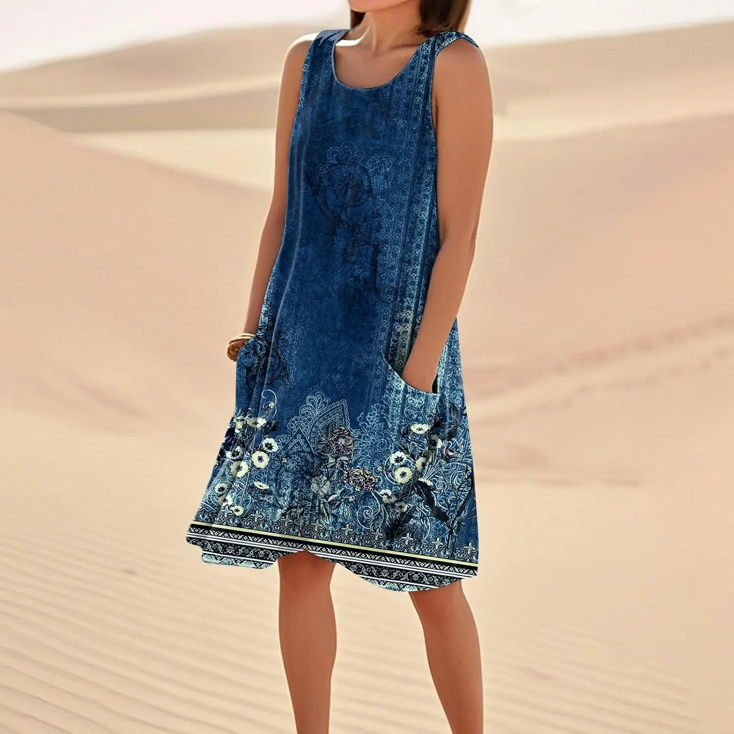 Dresses for Women Crew Neck Sleeveless Sundresses Floral Printed High Waisted Loose Casual Flowy Dress with Pocket