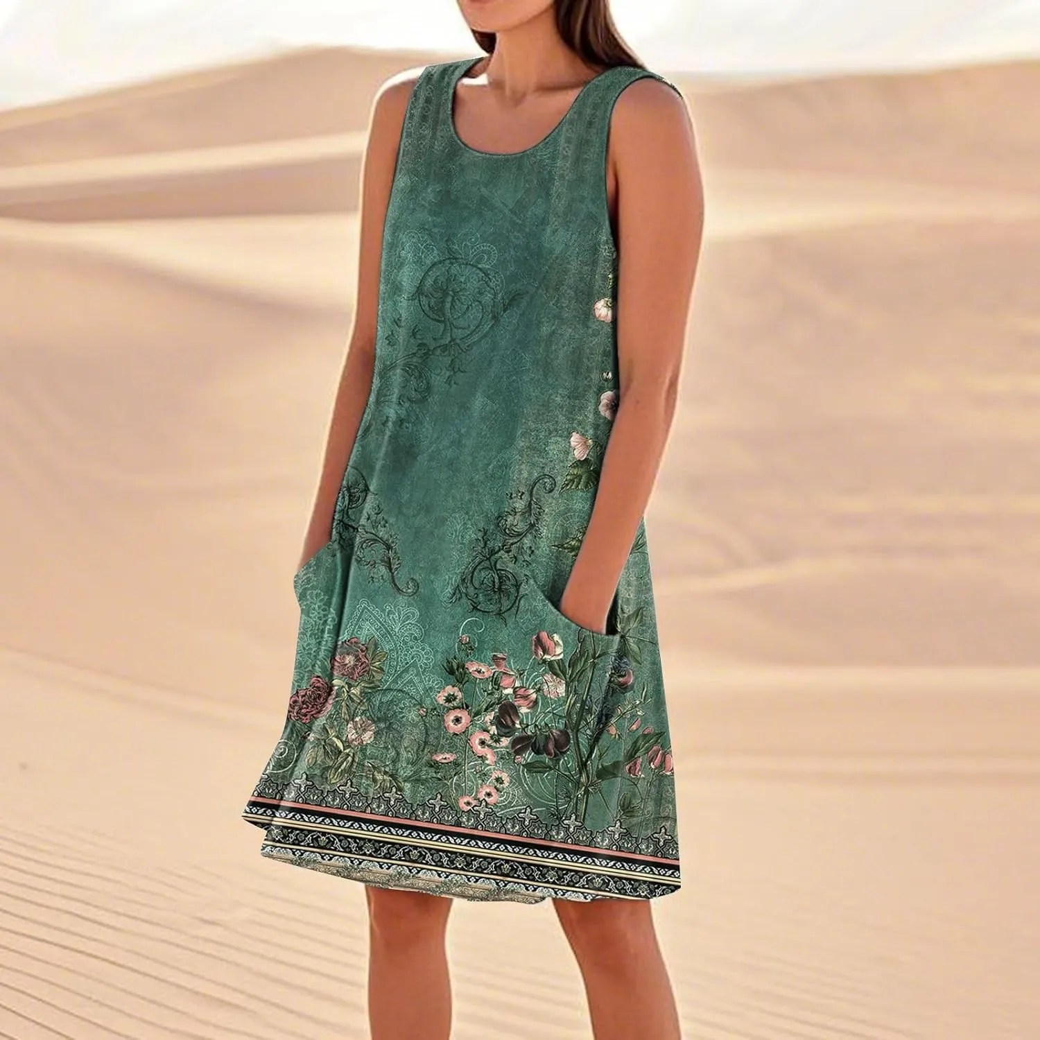 Dresses for Women Crew Neck Sleeveless Sundresses Floral Printed High Waisted Loose Casual Flowy Dress with Pocket