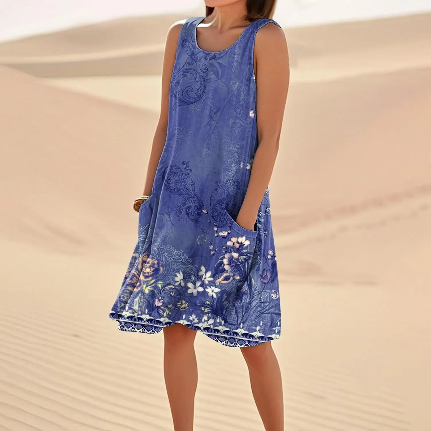 Dresses for Women Crew Neck Sleeveless Sundresses Floral Printed High Waisted Loose Casual Flowy Dress with Pocket