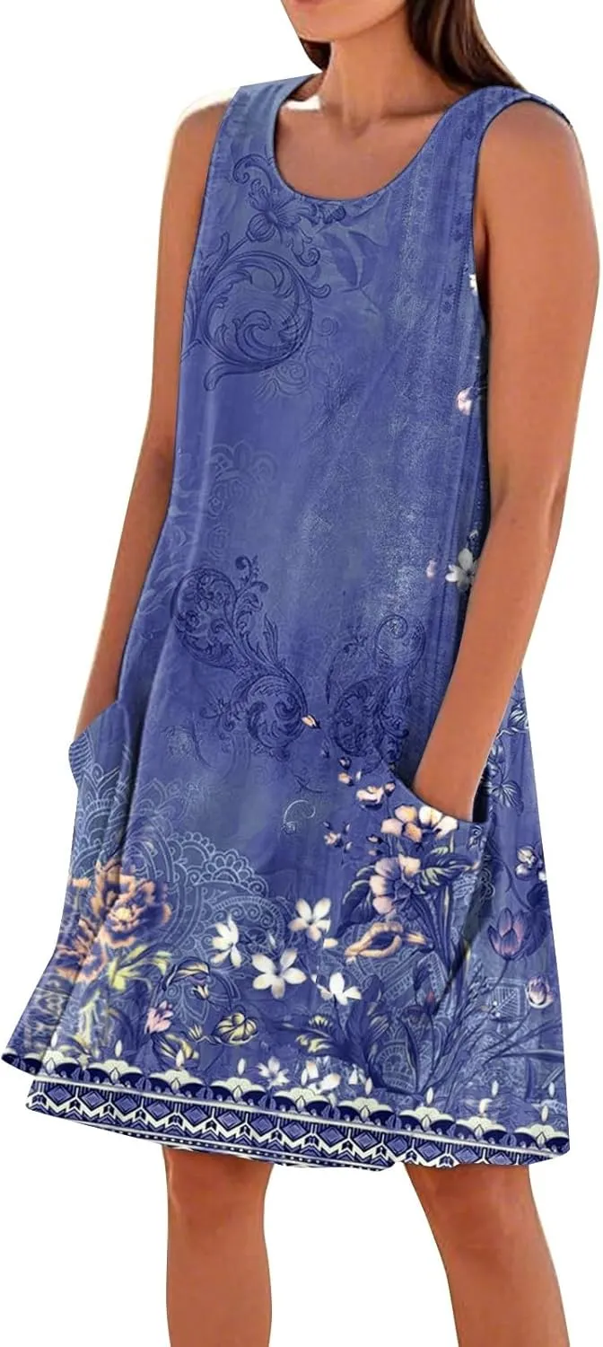 Dresses for Women Crew Neck Sleeveless Sundresses Floral Printed High Waisted Loose Casual Flowy Dress with Pocket