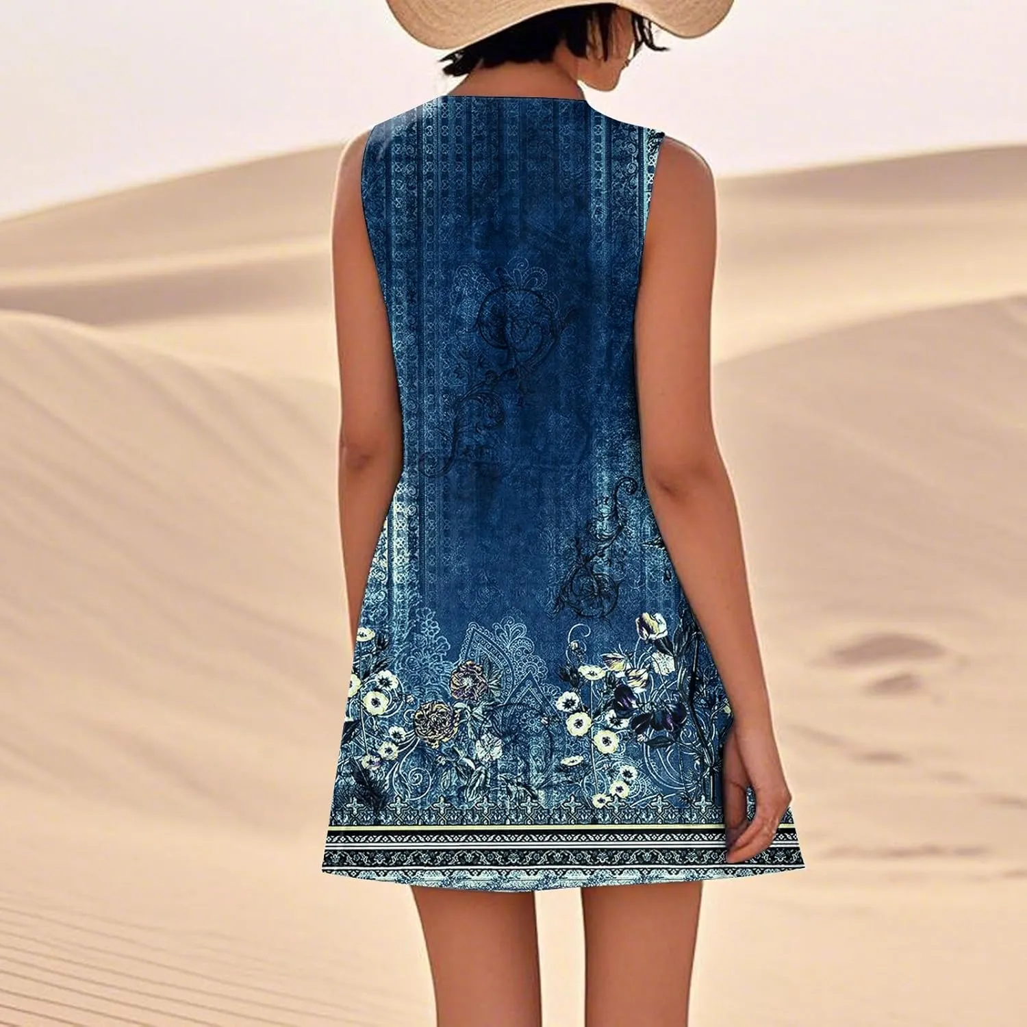 Dresses for Women Crew Neck Sleeveless Sundresses Floral Printed High Waisted Loose Casual Flowy Dress with Pocket
