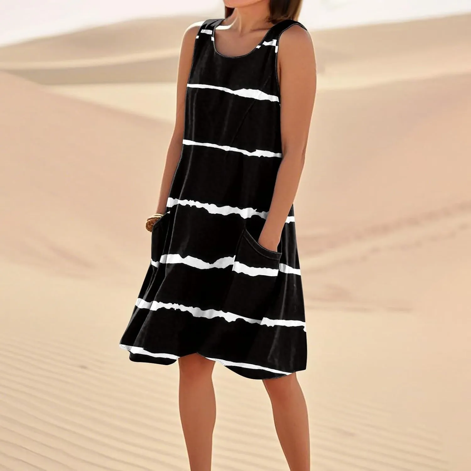 Dresses for Women Crew Neck Sleeveless Sundresses Floral Printed High Waisted Loose Casual Flowy Dress with Pocket