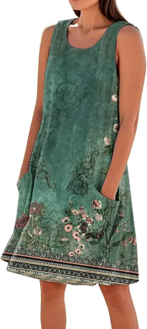 Dresses for Women Crew Neck Sleeveless Sundresses Floral Printed High Waisted Loose Casual Flowy Dress with Pocket