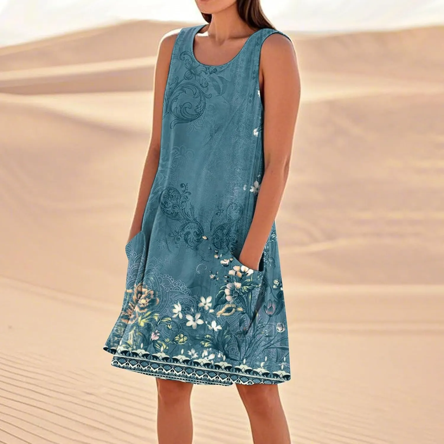 Dresses for Women Crew Neck Sleeveless Sundresses Floral Printed High Waisted Loose Casual Flowy Dress with Pocket