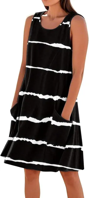 Dresses for Women Crew Neck Sleeveless Sundresses Floral Printed High Waisted Loose Casual Flowy Dress with Pocket