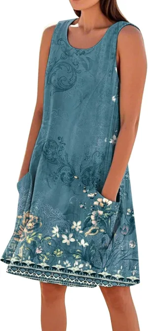Dresses for Women Crew Neck Sleeveless Sundresses Floral Printed High Waisted Loose Casual Flowy Dress with Pocket