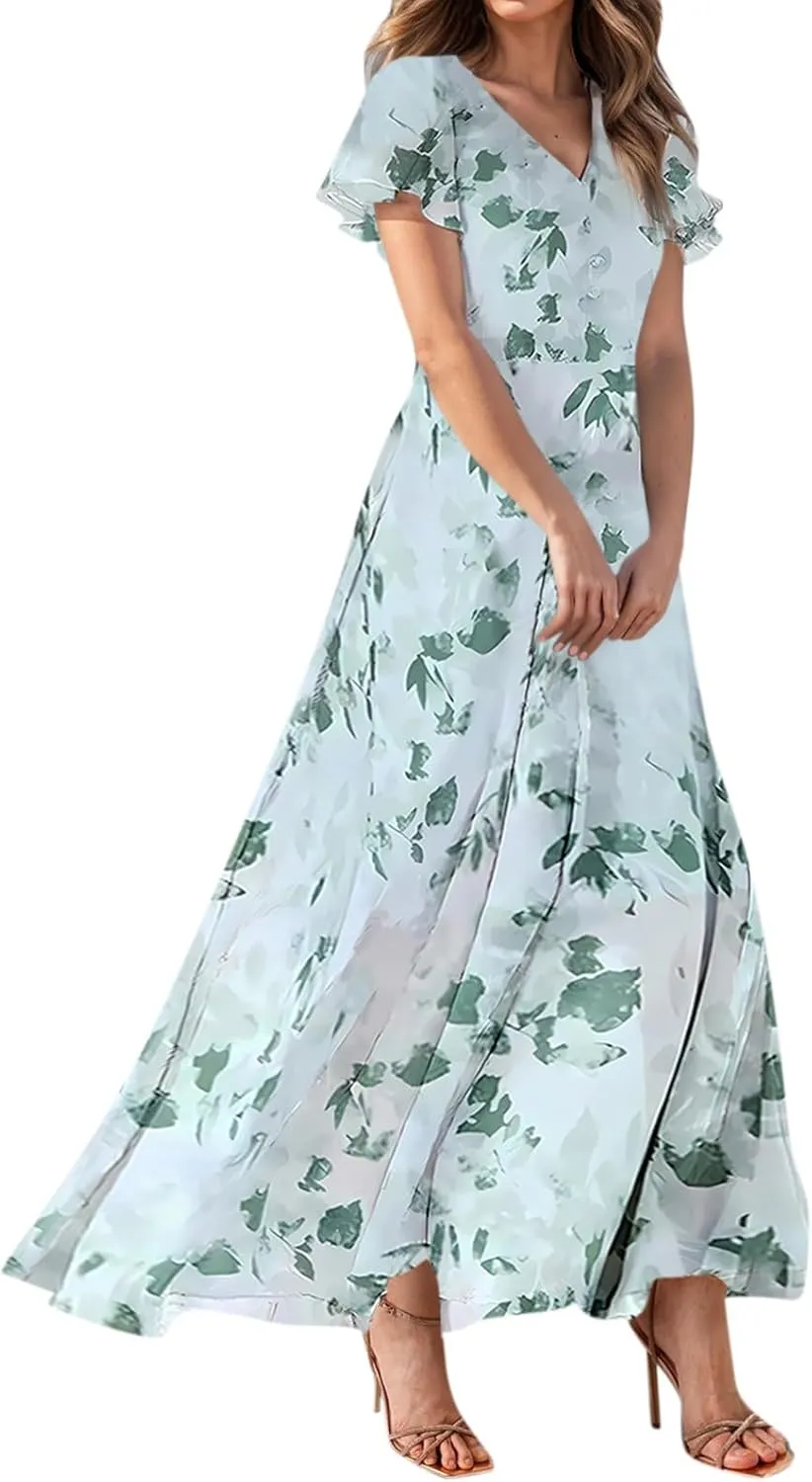 Easter Dress for Women Chiffon Dresses Swing Flowy Ruffle Hem Swing Womens Dresses Summer Beach Casual Dresses