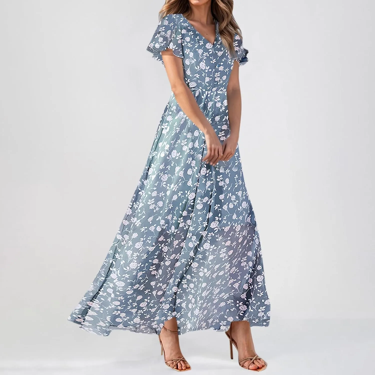 Easter Dress for Women Chiffon Dresses Swing Flowy Ruffle Hem Swing Womens Dresses Summer Beach Casual Dresses