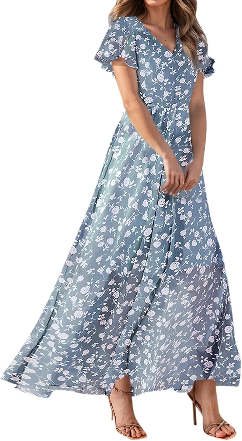 Easter Dress for Women Chiffon Dresses Swing Flowy Ruffle Hem Swing Womens Dresses Summer Beach Casual Dresses
