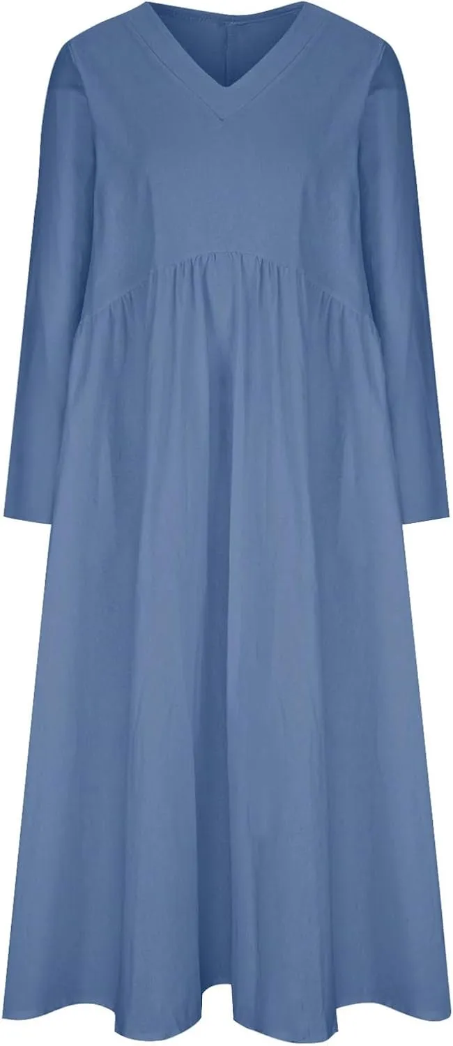 Finelylove Womens Casual Summer Maxi Dress Bohemian Cotton Linen Dresses 3/4 Sleeve Flowy Long Beach Dress Ruffled Sundress