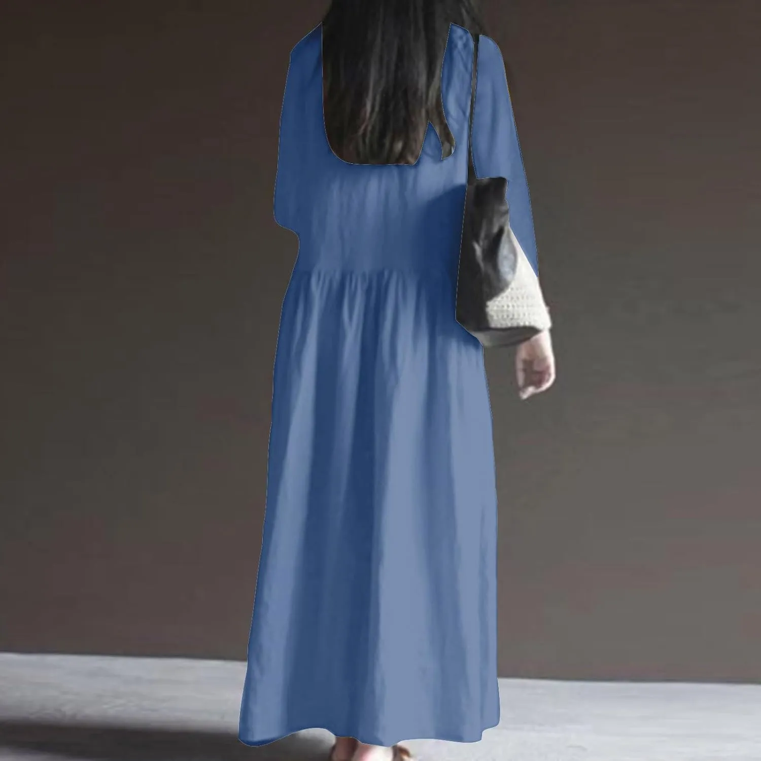 Finelylove Womens Casual Summer Maxi Dress Bohemian Cotton Linen Dresses 3/4 Sleeve Flowy Long Beach Dress Ruffled Sundress