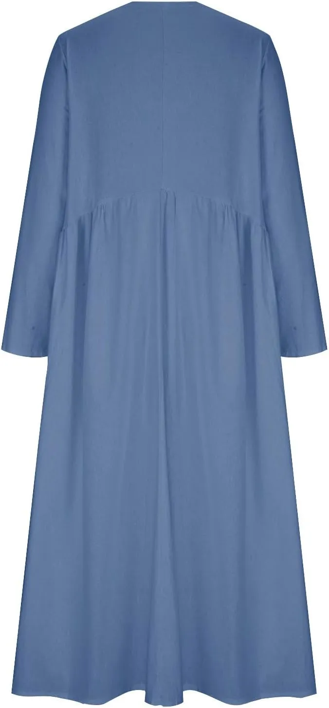 Finelylove Womens Casual Summer Maxi Dress Bohemian Cotton Linen Dresses 3/4 Sleeve Flowy Long Beach Dress Ruffled Sundress
