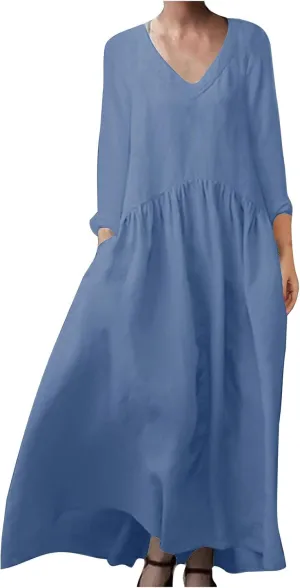 Finelylove Womens Casual Summer Maxi Dress Bohemian Cotton Linen Dresses 3/4 Sleeve Flowy Long Beach Dress Ruffled Sundress