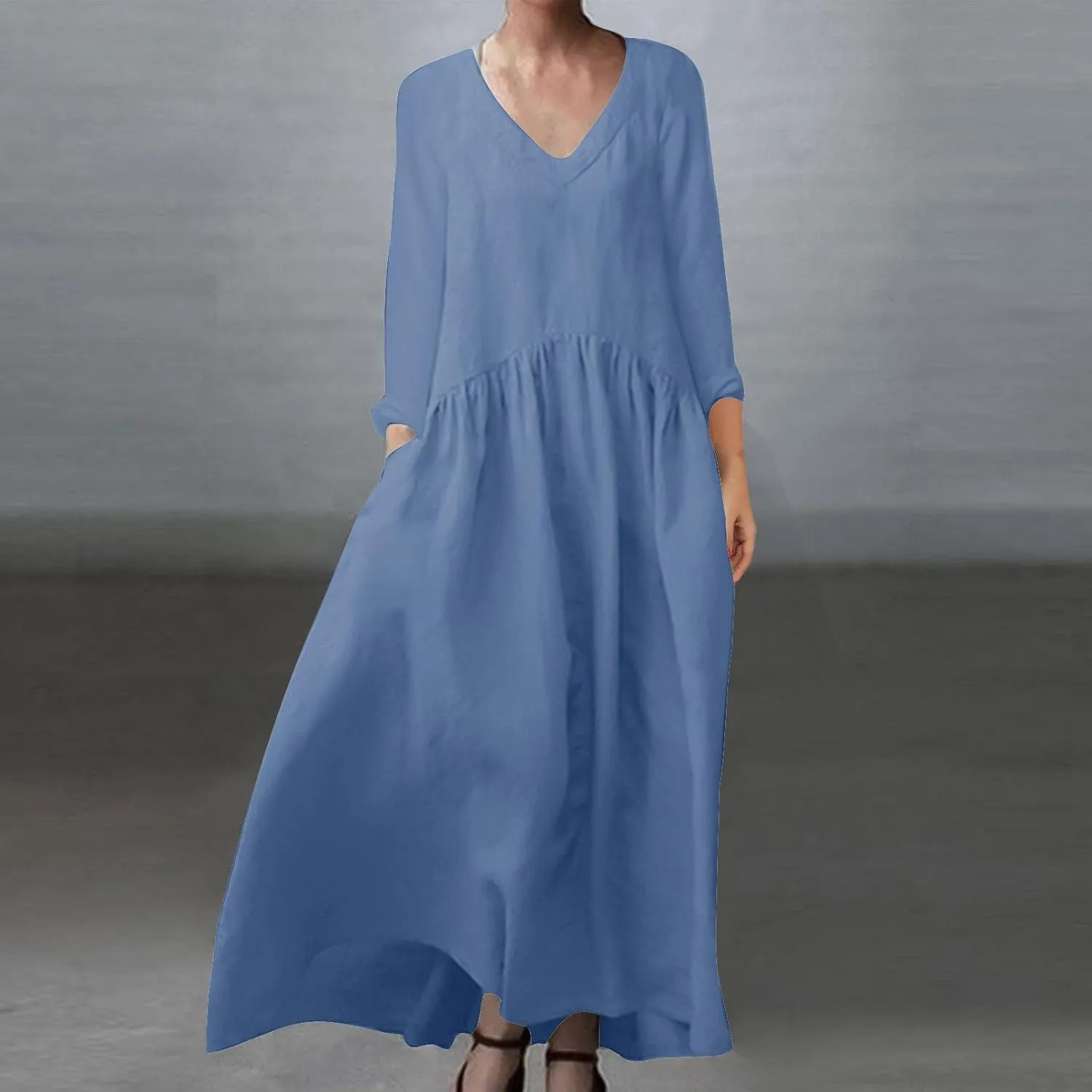 Finelylove Womens Casual Summer Maxi Dress Bohemian Cotton Linen Dresses 3/4 Sleeve Flowy Long Beach Dress Ruffled Sundress