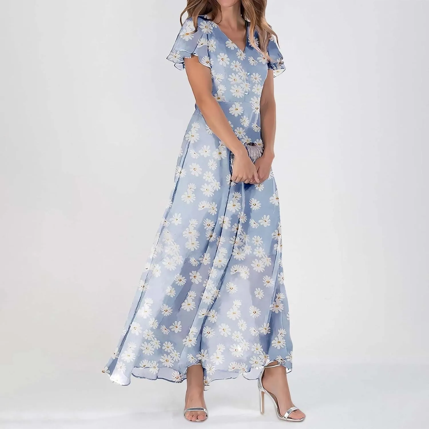Floral Maxi Dresses for Women 2025 Summer Elegant Ruffle Sleeve Flowy Chiffon Dress V Neck Vacation Beach Sundresses