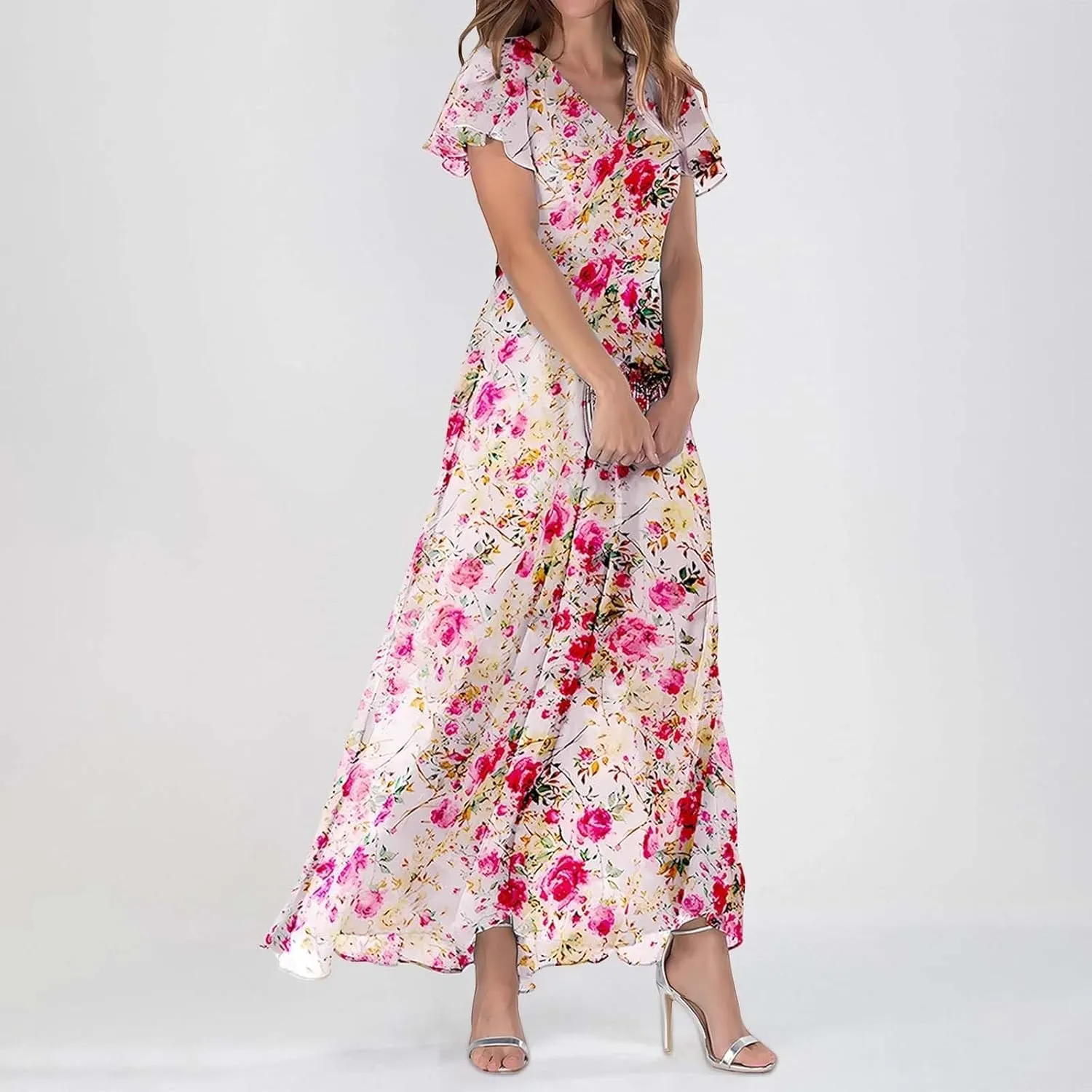 Floral Maxi Dresses for Women 2025 Summer Elegant Ruffle Sleeve Flowy Chiffon Dress V Neck Vacation Beach Sundresses