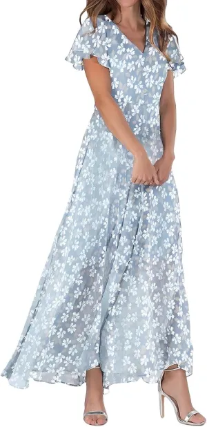 Floral Maxi Dresses for Women 2025 Summer Elegant Ruffle Sleeve Flowy Chiffon Dress V Neck Vacation Beach Sundresses