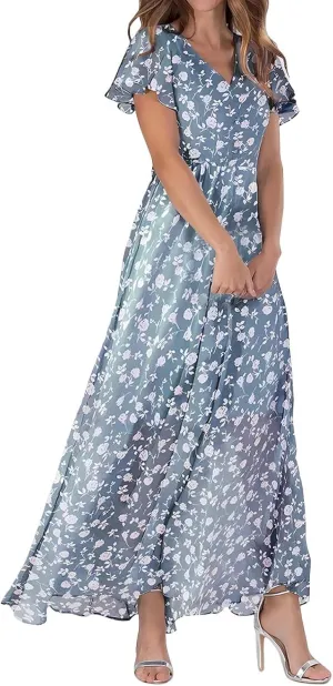 Floral Maxi Dresses for Women 2025 Summer Elegant Ruffle Sleeve Flowy Chiffon Dress V Neck Vacation Beach Sundresses