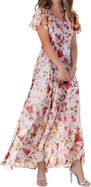 Floral Maxi Dresses for Women 2025 Summer Elegant Ruffle Sleeve Flowy Chiffon Dress V Neck Vacation Beach Sundresses