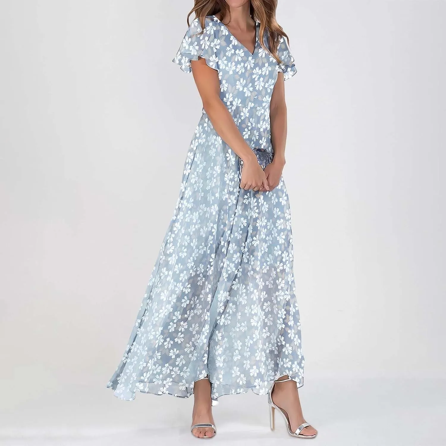Floral Maxi Dresses for Women 2025 Summer Elegant Ruffle Sleeve Flowy Chiffon Dress V Neck Vacation Beach Sundresses