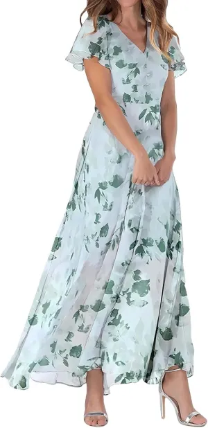 Floral Maxi Dresses for Women 2025 Summer Elegant Ruffle Sleeve Flowy Chiffon Dress V Neck Vacation Beach Sundresses