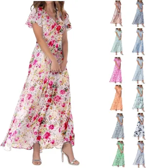 Floral Maxi Dresses for Women 2025 Summer Elegant Ruffle Sleeve Flowy Chiffon Dress V Neck Vacation Beach Sundresses