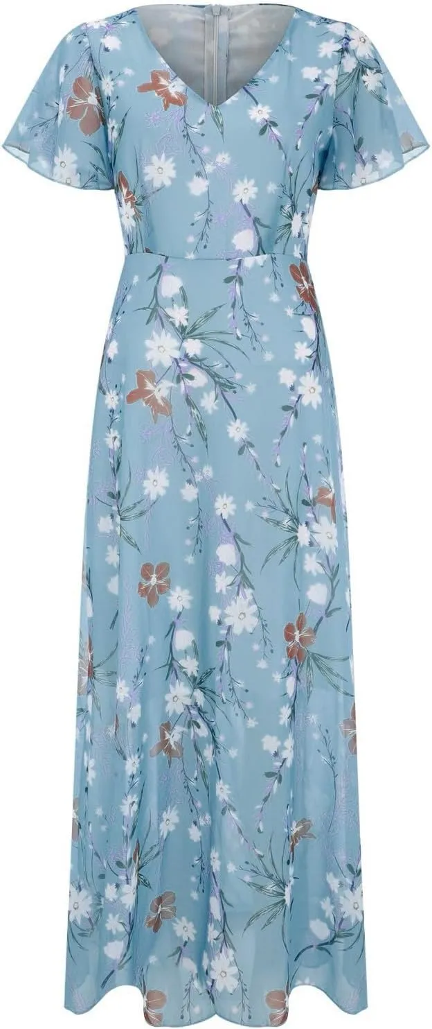 Floral Maxi Dresses for Women 2025 Summer Elegant Ruffle Sleeve Flowy Chiffon Dress V Neck Vacation Beach Sundresses