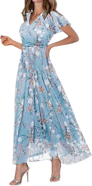 Floral Maxi Dresses for Women 2025 Summer Elegant Ruffle Sleeve Flowy Chiffon Dress V Neck Vacation Beach Sundresses