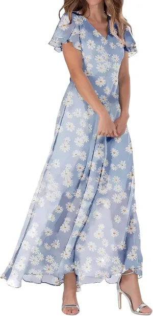 Floral Maxi Dresses for Women 2025 Summer Elegant Ruffle Sleeve Flowy Chiffon Dress V Neck Vacation Beach Sundresses