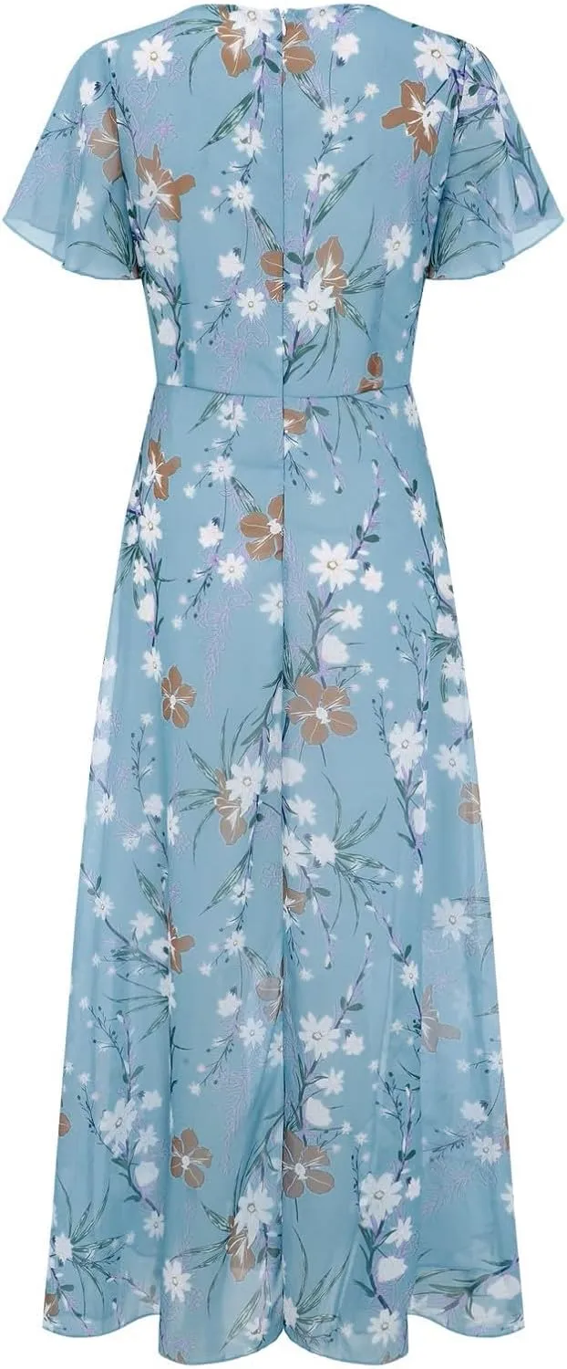 Floral Maxi Dresses for Women 2025 Summer Elegant Ruffle Sleeve Flowy Chiffon Dress V Neck Vacation Beach Sundresses