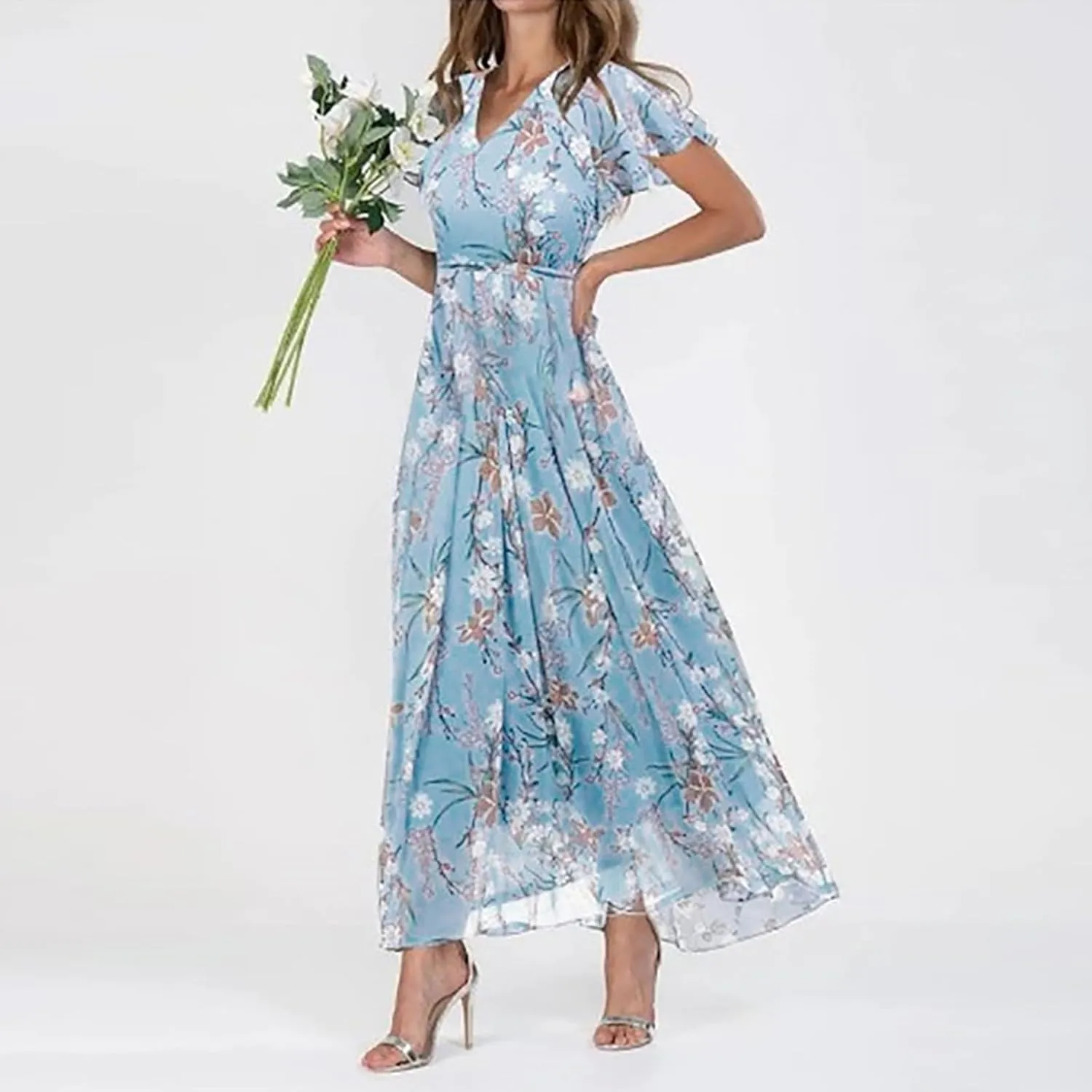 Floral Maxi Dresses for Women 2025 Summer Elegant Ruffle Sleeve Flowy Chiffon Dress V Neck Vacation Beach Sundresses
