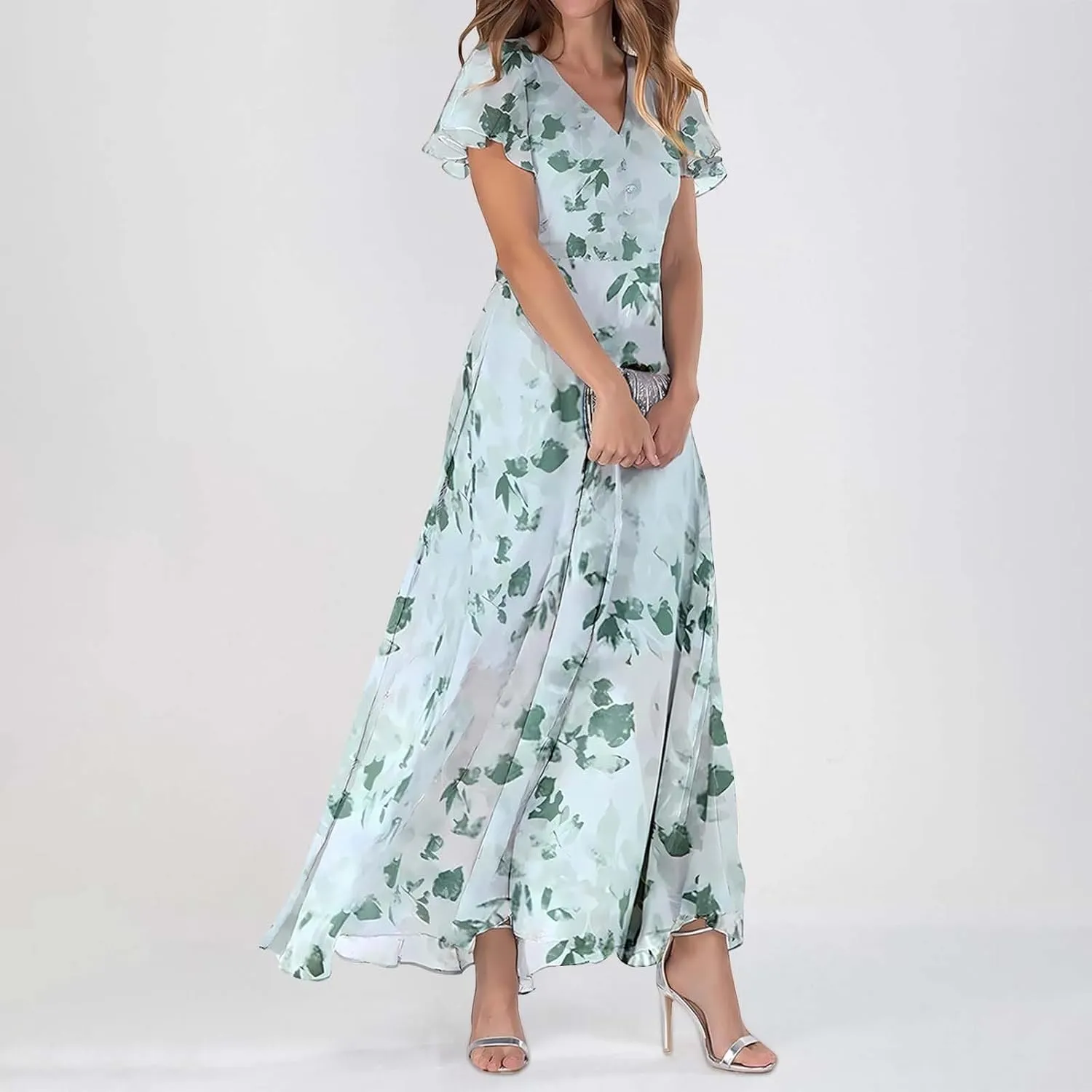 Floral Maxi Dresses for Women 2025 Summer Elegant Ruffle Sleeve Flowy Chiffon Dress V Neck Vacation Beach Sundresses