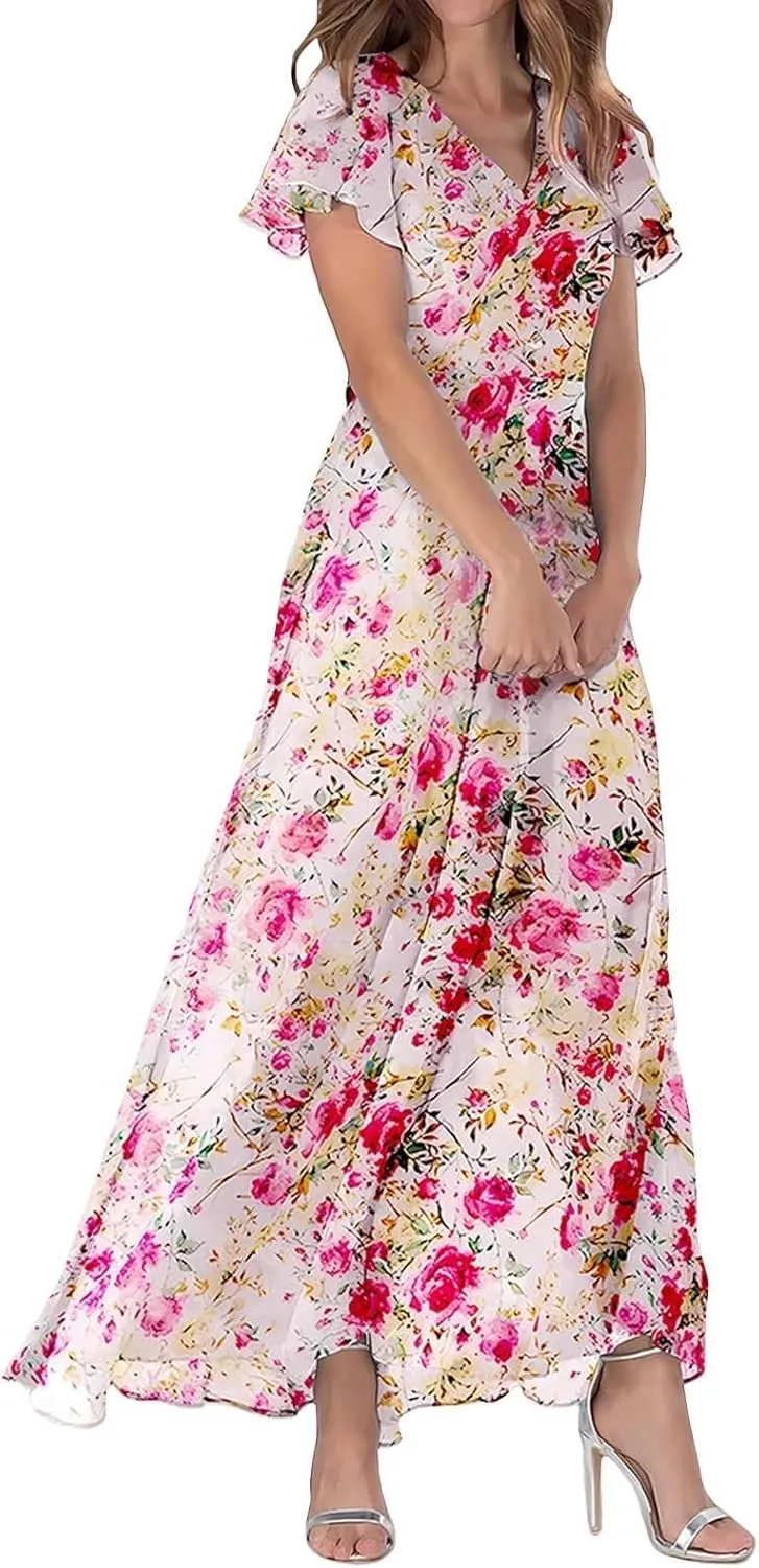 Floral Maxi Dresses for Women 2025 Summer Elegant Ruffle Sleeve Flowy Chiffon Dress V Neck Vacation Beach Sundresses
