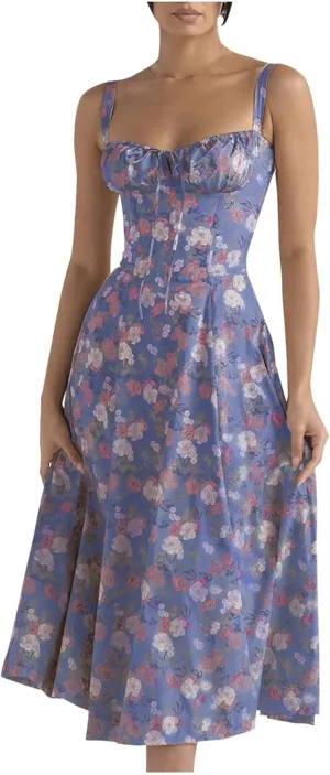 Floral Sundress for Women Sleeveless Spaghetti Straps Bodycon Dress Vintage French Style Sweetheart Neck Midi Dress