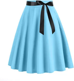 HGps8w Womens 1950s Vintage Bow Pleated Skirt - Elegant High Waisted Cocktail Party Midi A-Line Skirt