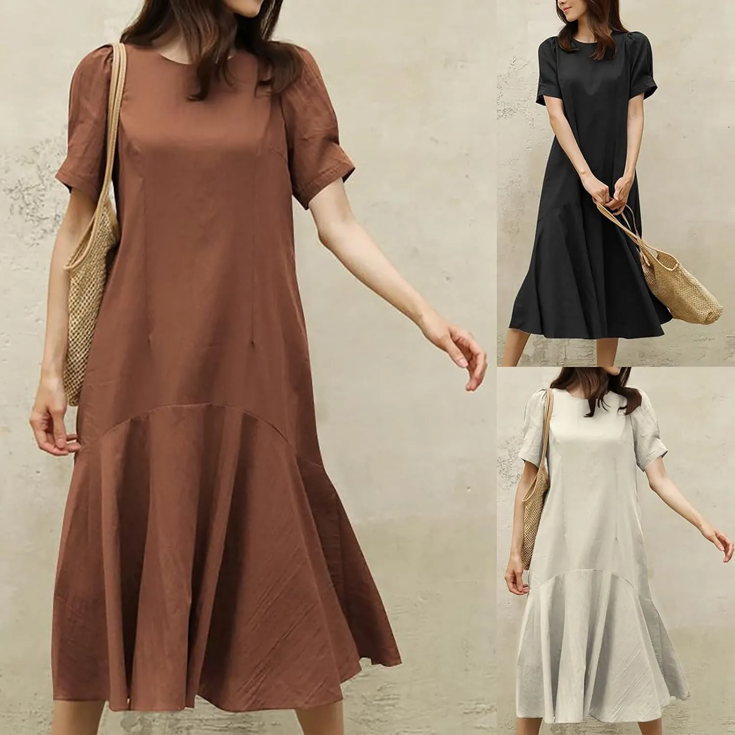 HGps8w Womens Cotton Linen Dress Summer Elegant Solid Color Ruffle Babydoll Dresses Loose Crewneck Casual Beach Sundress