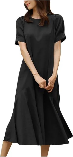 HGps8w Womens Cotton Linen Dress Summer Elegant Solid Color Ruffle Babydoll Dresses Loose Crewneck Casual Beach Sundress