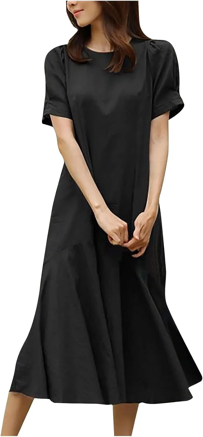 HGps8w Womens Cotton Linen Dress Summer Elegant Solid Color Ruffle Babydoll Dresses Loose Crewneck Casual Beach Sundress
