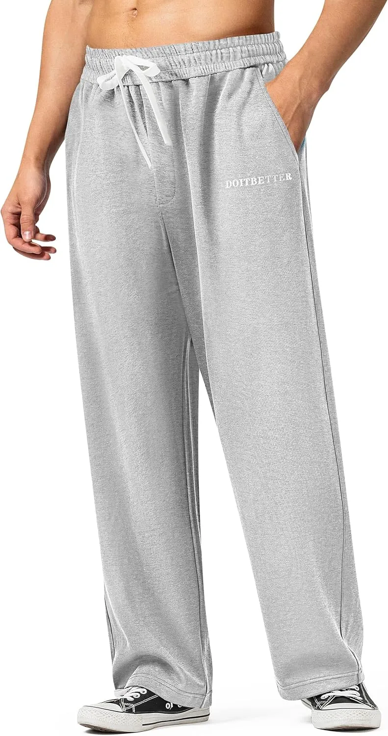 HHZ Men's Cotton Loose Fit Sweapants Baggy Yoga Gym Workout Pants with Pockets Open Bottom Sweatpants Straight Wide Leg
