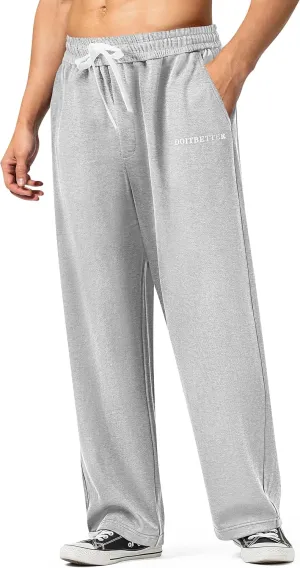 HHZ Men's Cotton Loose Fit Sweapants Baggy Yoga Gym Workout Pants with Pockets Open Bottom Sweatpants Straight Wide Leg