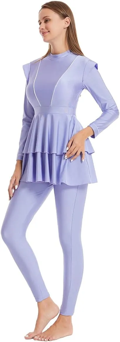 IBAKOM Muslim Swimsuit for Women Burkini Long Pleated Skirt with Swim Cap Modest Bathing Suit Islamic Surfing Rash Guard Set