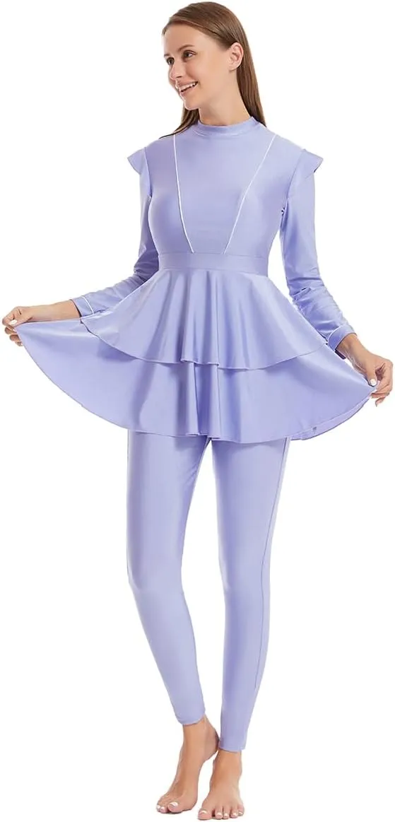IBAKOM Muslim Swimsuit for Women Burkini Long Pleated Skirt with Swim Cap Modest Bathing Suit Islamic Surfing Rash Guard Set