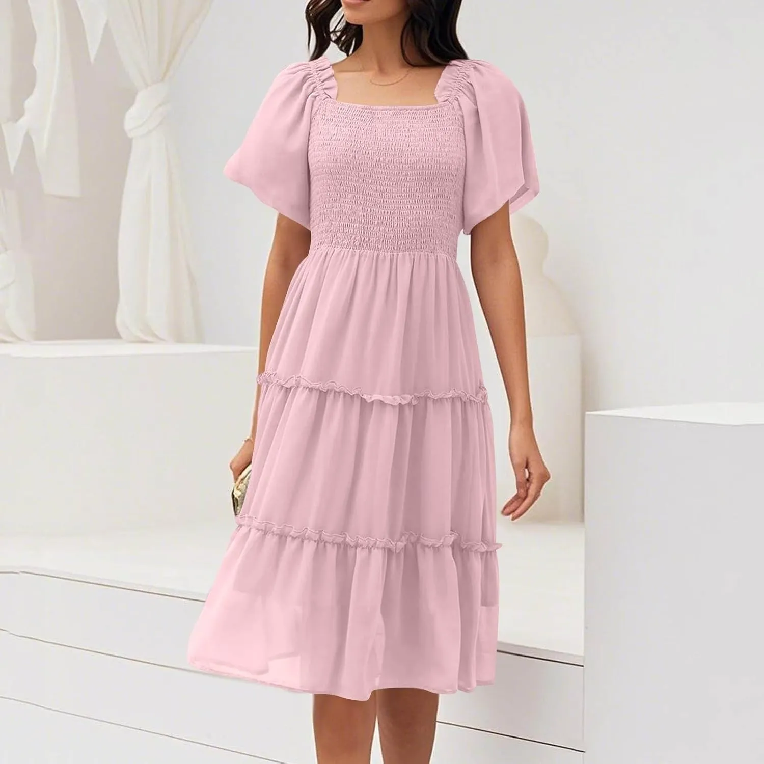 JJHAEVDY Summer Dresses for Women Square Neck Flutter Sleeve Solid High Waist Casual Smocked Flowy A Line Tiered Midi Dress