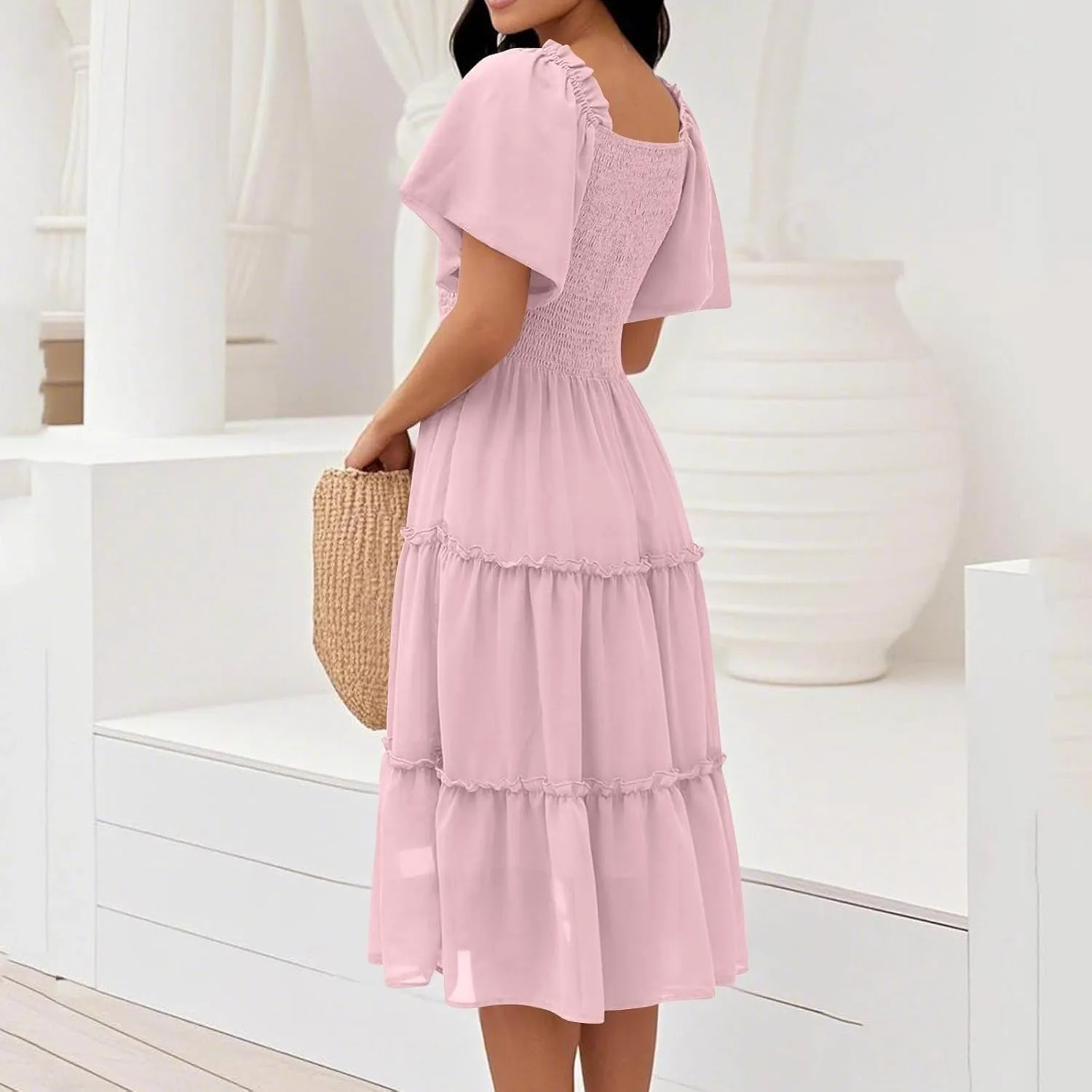 JJHAEVDY Summer Dresses for Women Square Neck Flutter Sleeve Solid High Waist Casual Smocked Flowy A Line Tiered Midi Dress