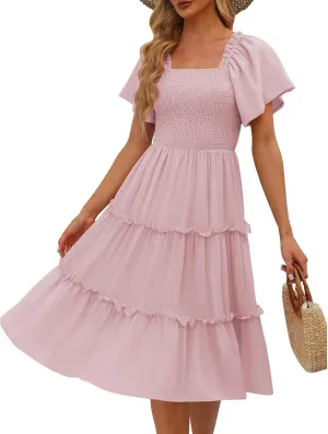 JJHAEVDY Summer Dresses for Women Square Neck Flutter Sleeve Solid High Waist Casual Smocked Flowy A Line Tiered Midi Dress